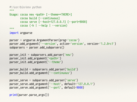 A slide full of code using argparse to parse a command-line interface.